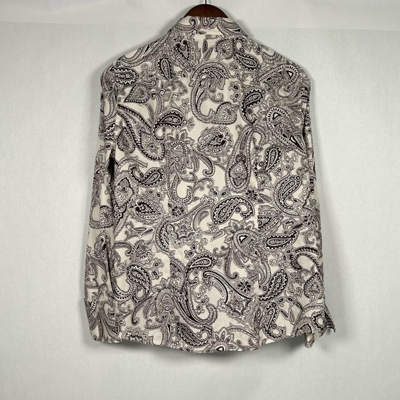 Jones New York Dark Brown and White Paisley Women’s Shirt with Striped Cuffs - Picture 2 of 11